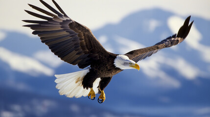 Fototapeta premium A majestic bald eagle soaring high above the mountains, with its wings spread wide and sharp talons outstretched,Generative AI