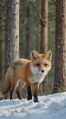 a fox standing in the snow in the woods