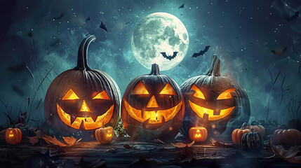 Obraz premium Halloween Night with Glowing Jack-O-Lanterns