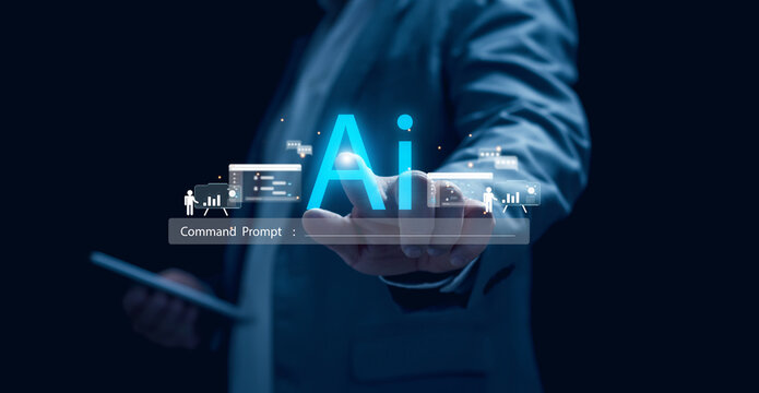 Businessman pointing at  transparent screen displaying an AI interface, emphasizing advanced technology and digital transformation in  business context. Chatbot Chat with AI.