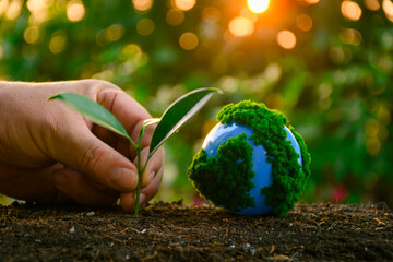 Hand planting a seedling in the soil next to a globe covered in greenery, with a warm sunset in the background, symbolizing environmental conservation and sustainability.