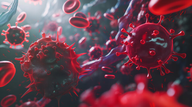 Dynamic 3D representation of virus cells in bloodstream highlighting the significance of vaccinations.