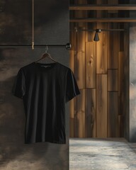 Naklejka premium A plain black t-shirt is presented hanging on a sleek, dark-colored wall hanger against textured wall in a contemporary interior setting