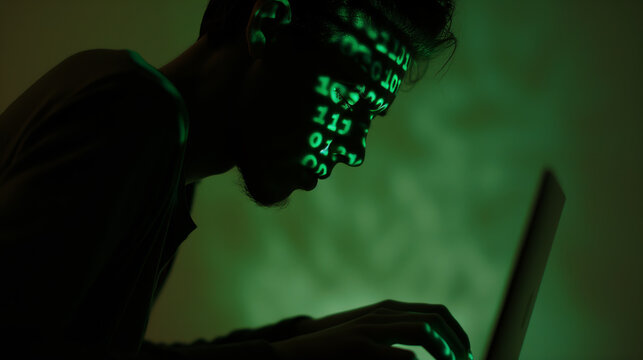 Shadowed profile of someone typing on a laptop in dim lighting with binary code projection on their face suggesting cybercrime activities.