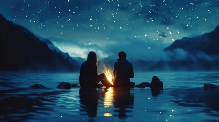 A couple sitting by a campfire under a starry night sky, creating a serene and romantic outdoor scene.