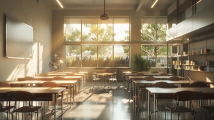 A spacious classroom with natural light filtering through large windows, furnished with wooden desks and chairs