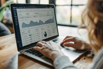 A woman is sitting at a desk and working on a laptop