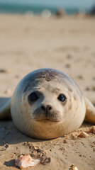 Obraz premium a seal laying on the sand on a beach with shells