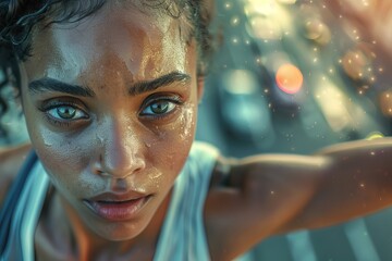 A close-up shot of a young female athlete, focused and determined, sweating during a warm-up before a city street race