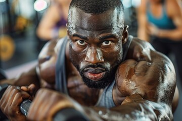 A close-up shot of a fit African American man intensely working out his biceps in a gym setting. His focused expression and sweaty skin reveal his dedication to fitness