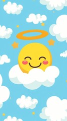 Happy Smiling Smiley In Blue Sky With Clouds And Halo, angel