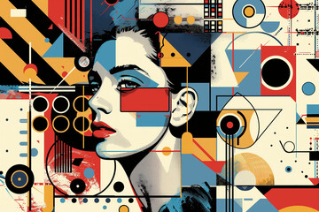 A retro-futuristic vector illustration of an abstract female portrait in the style of Kandinsky and in the style of Bauhaus
