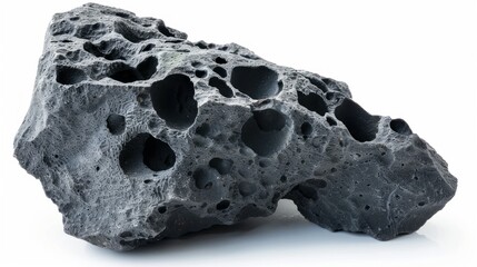 A close-up photograph of a gray, porous volcanic rock isolated against a white background