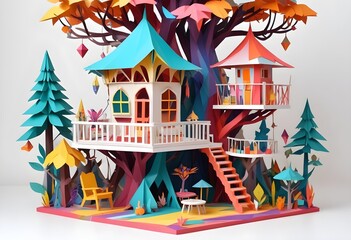 Obraz premium A colorful, whimsical, magic tree house-like structure with various objects, furniture, and architectural elements, White background