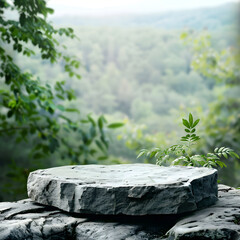 Tranquil stone pedestal in a lush forest overlooking a misty valley