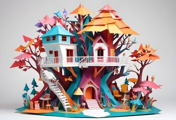 Obraz premium A colorful, whimsical, magic tree house-like structure with various objects, furniture, and architectural elements, White background
