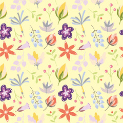 Seamless floral pattern on pastel background. Cute flower design for card, wallpaper, fabric, textile, fashion, flyer, banner, cover, and more.