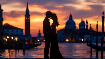 Silhouetted Couple Kissing Amidst the Iconic Venetian Cityscape at Sunset