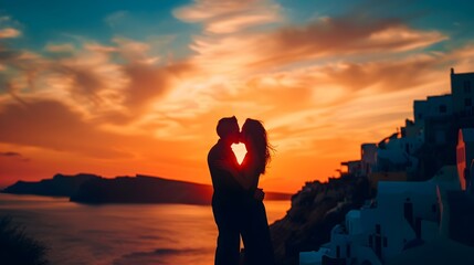 Fototapeta premium Silhouetted Couple Kissing in Romantic Santorini Sunset Backdrop