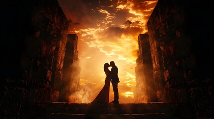 Silhouetted Lovers in Chichen Itza Ruins at Dramatic Sunset