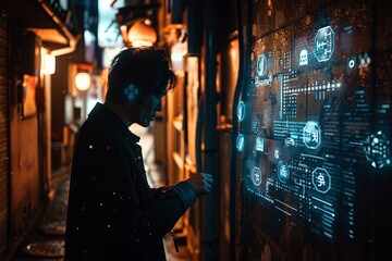 A detective with cybernetic enhancements scans augmented reality clues in a dark alley, with visible cybernetics on the ear and neck, and holographic clues projected on a brick wall