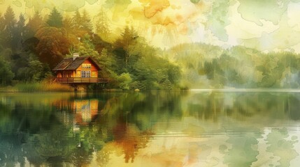 Fototapeta premium Tranquil Watercolor Reflections of a Dreamy Floating House on Serene Lake