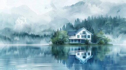 Fototapeta premium Serene Watercolor Floating House on Dreamy Lake with Reflection