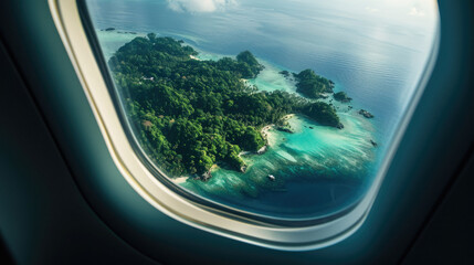 Fototapeta premium Islands in from an airplane window. The islands are covered in lush green vegetation and surrounded by crystal-clear blue water