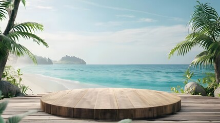 Tranquil Tropical Beach Wooden Podium for Product Showcase 3D Render