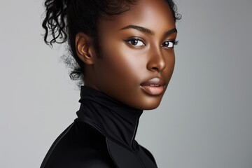 Fototapeta premium Close-up of a stunning Black woman with dark skin and curly hair in a ponytail, wearing a black turtleneck and looking confidently at the camera