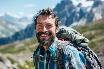 Obraz premium A close-up stock photo of a happy man with a backpack smiling directly at the camera in a mountain setting. The image shows a bright, sunny day with a beautiful mountain background