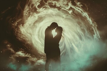 A silhouette of a man and woman embracing, bathed in ethereal light, against a swirling cosmic backdrop