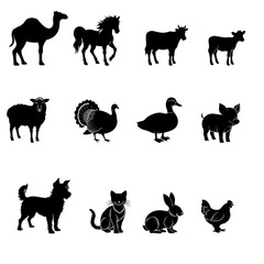 Vector Farm Animals Silhouettes Isolated on White background