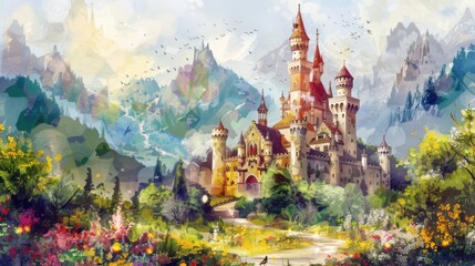 Enchanting Fairy Tale Castle in Watercolor Style Surrounded by Whimsical Towers and Lush Garden