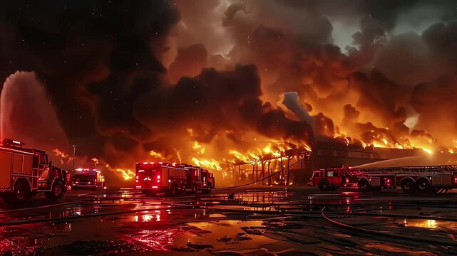 Big warehouse building burning at night