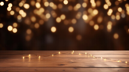 Empty table in front of christmas decorations background. For product display montage