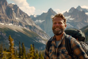 Naklejka premium A smiling man with a backpack enjoys the breathtaking views of a mountain range. He appears to be hiking in a scenic area, with lush green trees and rocky peaks in the background
