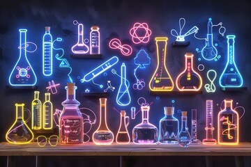 Neon lab equipment icons on a dark background combining scientific themes with vibrant and modern design elements