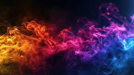 Fototapeta premium A captivating display of colorful smoke in shades of orange, red, pink, and blue swirling against a dark background.