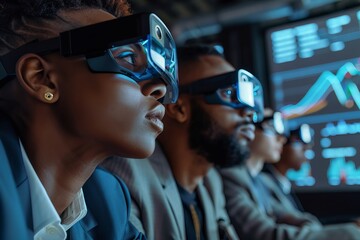 A low-angle shot of a diverse group of professionals in a modern boardroom, wearing augmented reality glasses while immersed in a virtual meeting