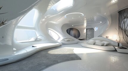 This image showcases a modern, organic-shaped interior design with fluid lines and predominantly white surfaces It appears to be a luxurious futuristic dwelling