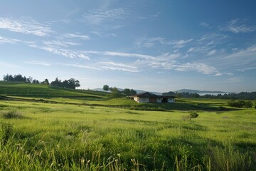 Fototapeta premium A panoramic image showcasing a modern green home nestled in a vast, grassy field with a blue sky and fluffy white clouds overhead