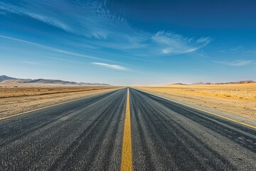 Fototapeta premium A panoramic view of a deserted asphalt road vanishing into the horizon, surrounded by a vast, dry desert landscape. The scene evokes a sense of solitude and isolation