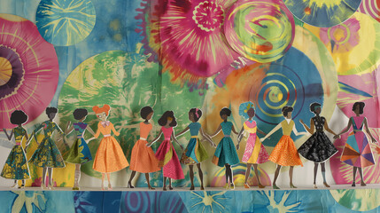 Paper dolls in a vintage fashion show with swirling tie-dye backdrops and groovy patterns.