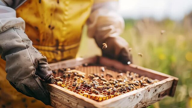 The beekeeper pulls out a frame with honey from the beehive