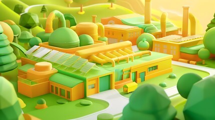 Eco Friendly Sustainable Factory with Rooftop Solar Panels in Green Landscape