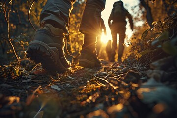 Low-angle view of hiking boots on a forest path with a group of hikers in the background, walking towards a setting sun