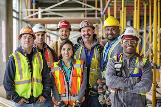 A diverse group of construction workers stand together on a job site, wearing safety gear and holding tools