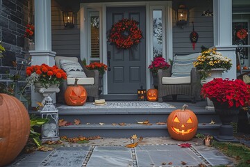 A welcoming front porch decorated for Halloween with jack olanterns, fall flowers, and a wreath on the door