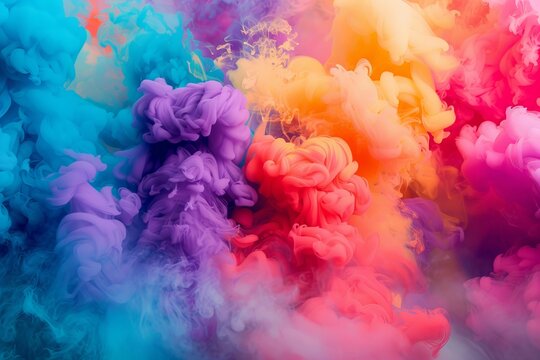 A wide-angle photograph of vibrant, multicolored neon smoke plumes dispersing in the air - Powered by Adobe